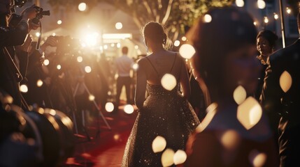 A figure in a glittering gown graces the red carpet amid a flurry of camera flashes, encapsulating the glamour and excitement of a star-studded evening.