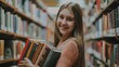 © VK Studio - A young woman beams with delight as she holds a stack of books in a library, embodying the joy of learning and discovery.