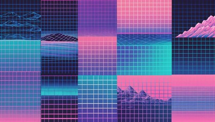 Wall Mural - vaporwave grids Retro Style landscape with grid background