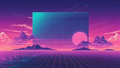 Wall Mural - vaporwave grids Retro Style landscape with grid background