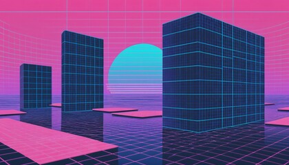 Wall Mural - vaporwave grids Retro Style landscape with grid background