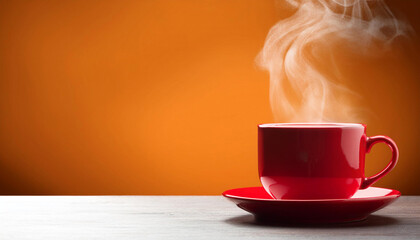 Wall Mural - background. Red сoffee cup with steam. Smoke from hot coffee. Front view, copy space