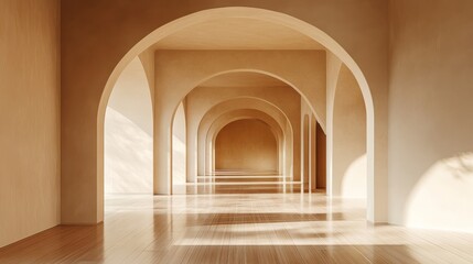 Wall Mural - A Modern Interior Hallway with Arched Walls and Wooden Flooring