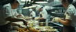 © Ai Studio - Chefs in a professional kitchen work in harmony, focused on crafting exquisite dishes with precision under soft, ambient lighting.