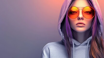 Close-Up Portrait of a Young Stylish Woman with Purple Hair, Sunglasses, and a Hoodie