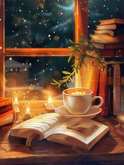Poster - This inviting corner showcases a beautifully arranged open book, a warm cup of coffee, and softly glowing candles, perfect for reading. Generative AI