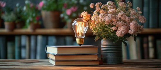 A lit up light bulb on top of three books with a vase of flowers next to it on a wooden table.