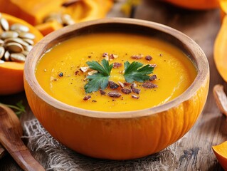 Wall Mural - Pumpkin soup and organic pumpkins on wooden table seasonal food