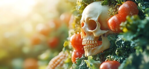 Poster - A human skull surrounded by fresh vegetables, symbolizing the importance of a healthy diet.