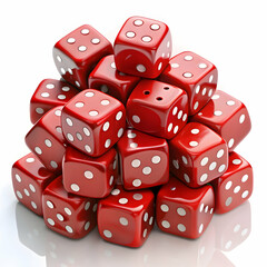 A pyramid of red dice stands tall against a white background.