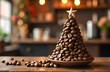 © Olga - Christmas tree made of brown coffee beans on a festive bakery coffee shop background with lights and bokeh. New year's and Christmas cozy, warm atmosphere, copy space