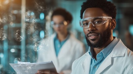 A male scientist in safety goggles and lab coat smiles as he holds papers in a laboratory setting, with a blurry colleague in the background, highlighting teamwork.