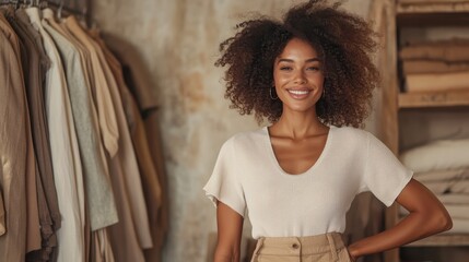 A fashionable woman stands smiling in a chic boutique setting, displaying a harmonious blend of style and confidence with a background of neutral tones.