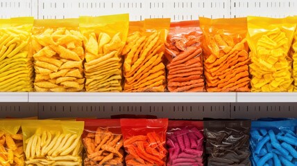 Wall Mural - Rows of vibrant, colorful processed snack packages line a store shelf