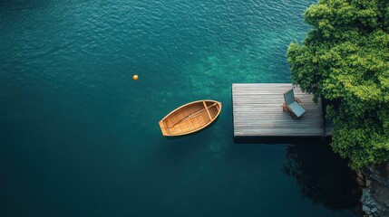 Canvas Print - Tranquil Lake Scene with a Wooden Boat and Dock