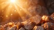 © Larisa AI - Rocks embedded with golden ore illuminated by sunlight, highlighting their sparkling textures, representing hidden opportunities and natural wealth beneath the surface.
