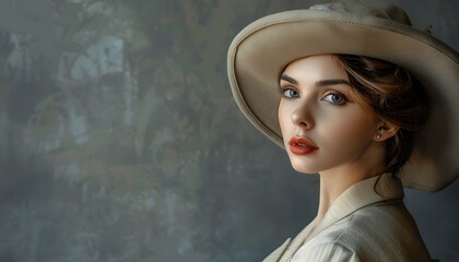 A close-up portrait of a woman wearing a stylish hat and vintage attire, set against a textured, muted background.