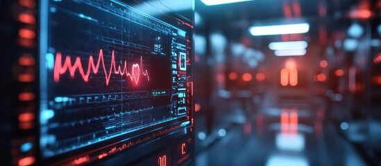 Wall Mural - a futuristic digital display showing a heart rate monitor with a red heartbeat.