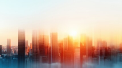 An artistic abstract interpretation of a city skyline, blending various shades of light and colors to create a dreamlike urban atmosphere standing tall against sunlight.