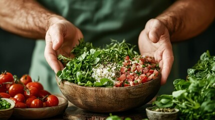 A rustic bowl contains a mixed green salad topped with freshly diced tomatoes and herbs, artistically presented on a wooden surface beside other fresh ingredients.