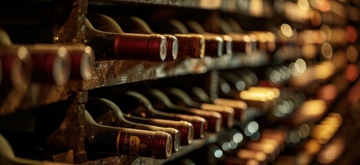 Resting wine bottles stacked on wooden racks in cellar