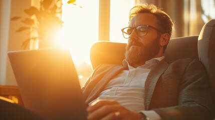 A bearded man in glasses works on a laptop in his cozy living room, bathed in warm morning sunlight, depicting productivity and focus in a relaxed ambiance.