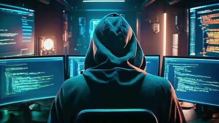 Hacker working in a dark room with multiple monitors displaying code.