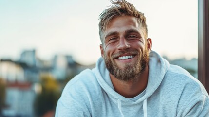 A bearded man in a hoodie smiles broadly, exuding confidence and joy against a blurred urban skyline, conveying a sense of modernity and youthful energy.