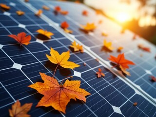 Autumn leaves on solar panels at sunset, merging renewable energy with the beauty of nature, symbolizing sustainability and environmental consciousness