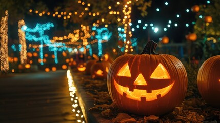 Wall Mural - halloween celebration illuminated by pumpkin lights and ghostly decor
