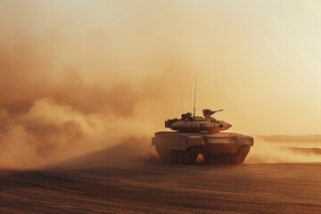 A tank moves through a vast desert at sunset, kicking up dust clouds in its wake, encapsulating a scene of strength and movement against a dramatic sky.