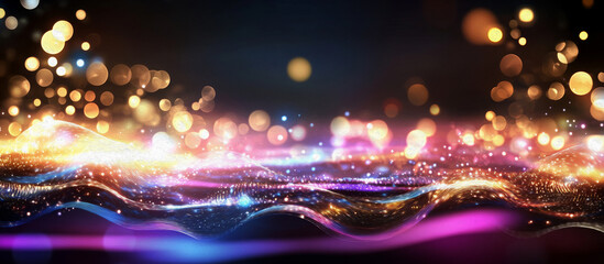 Wall Mural - Celestial Wave: Abstract artwork of vibrant, swirling lights and bokeh, evoking feelings of wonder and magic. Perfect for backgrounds or promotional material. 