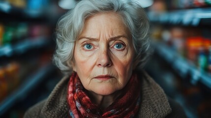 An elderly woman with striking blue eyes wears a red scarf while standing indoors in a store aisle, capturing a moment of contemplation amid the bustling environment.