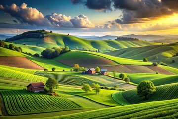 Farming-inspired visual background with green hills