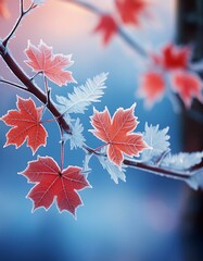 Canvas Print - Frost-covered leaves in winter