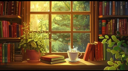 Fototapete - Sunlight filters through the window, illuminating books and a steaming cup of coffee, creating a warm and inviting reading atmosphere. Generative AI