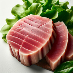 Medium rare tuna steak, one leaf of lettuce. white background. minimalism. white background. copywriting space. Light transparent composition. minimalism