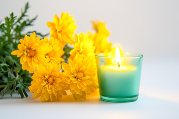 Candle and yellow daisies on a white background