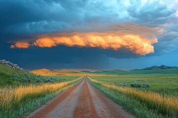 Wall Mural - Massive storm cloud with heavy rain over dirt road in yellow flower field creating a dramatic rural landscape Generative AI