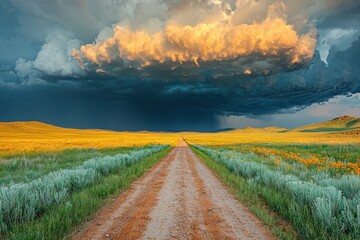 Wall Mural - Massive storm cloud with heavy rain over dirt road in yellow flower field creating a dramatic rural landscape Generative AI