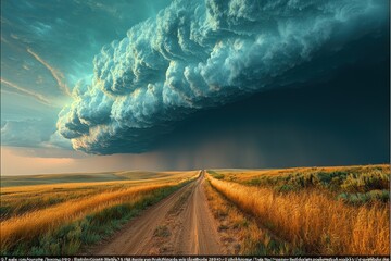 Wall Mural - Massive storm cloud with heavy rain over dirt road in yellow flower field creating a dramatic rural landscape Generative AI