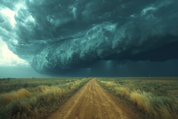 Wall Mural - Massive storm cloud with heavy rain over dirt road in yellow flower field creating a dramatic rural landscape Generative AI
