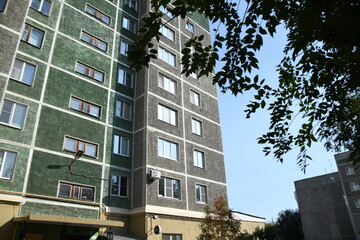 Cityscape of Russia. Panel house of the Soviet Union, old architecture of the building in the brutalism style