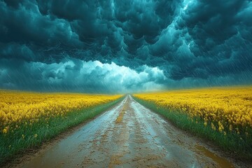Wall Mural - Dirt road through yellow flower field under dark stormy sky with heavy rain creating a dramatic rural landscape Generative AI