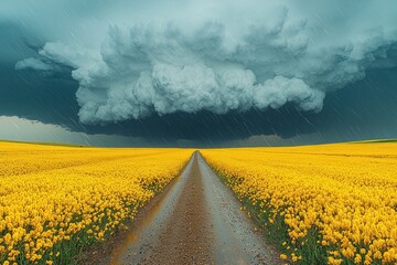 Wall Mural - Dirt road through yellow flower field under dark stormy sky with heavy rain creating a dramatic rural landscape Generative AI