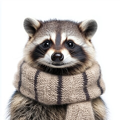 portrait of a raccoon in a scarf on a white background