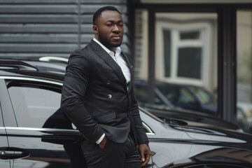 Wall Mural - Elegant man in a tailored suit stands confidently beside his car, reflecting urban success in a bustling city environment.