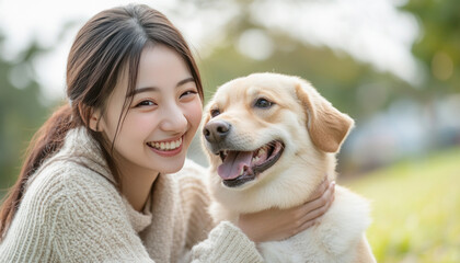 Wall Mural - Happy young woman hugging her golden retriever dog in a park