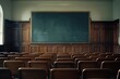 © Victor Bertrand - An empty lecture hall with rows of wooden chairs faces a large chalkboard, symbolizing readiness for learning and potential.