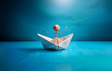 A stick figure with a smiling face sits in a paper boat on a blue surface.